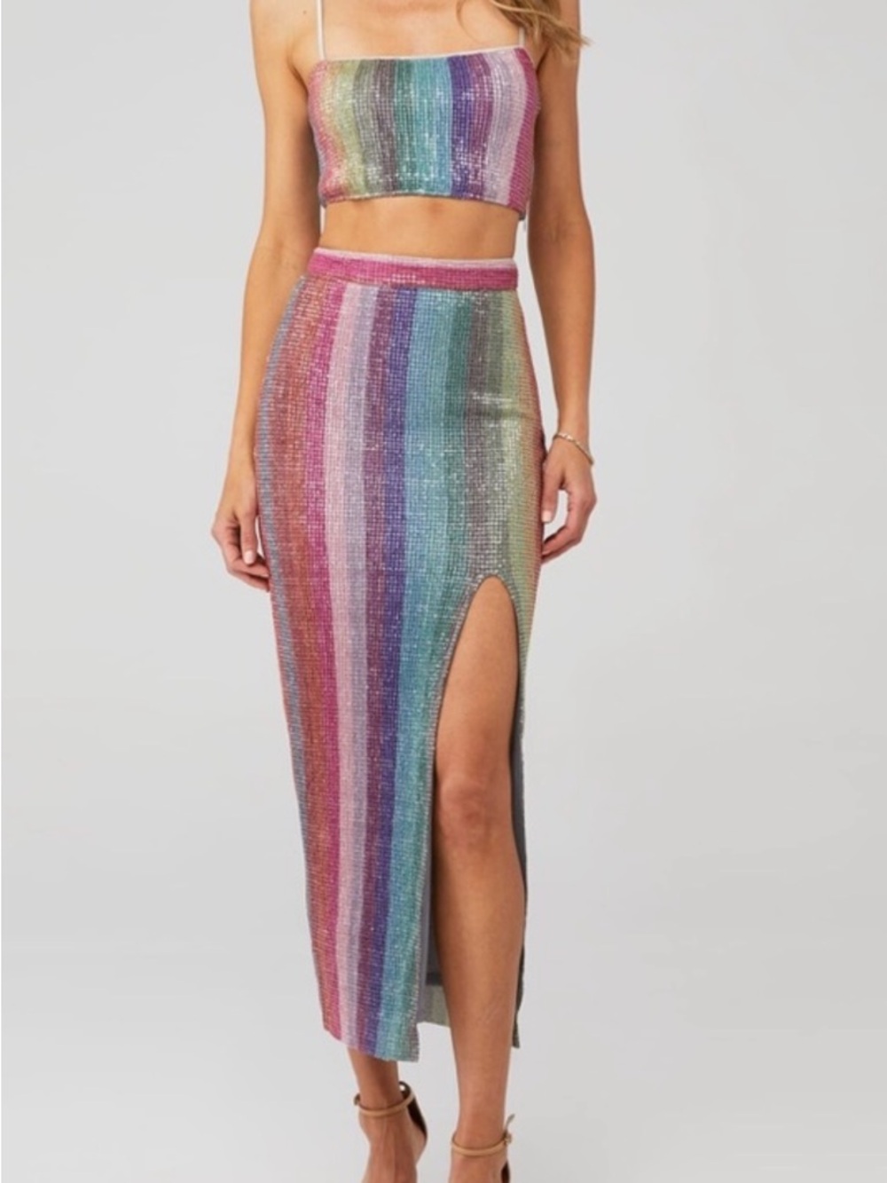SAYLOR  SET Multicolor Sequin Stripe Midi Skirt with Side Slit and Top !